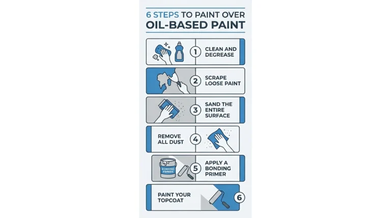 6 steps to paint over oil-based paint with water-based paint — infographic showing surface prep, bonding primer, and topcoat process
