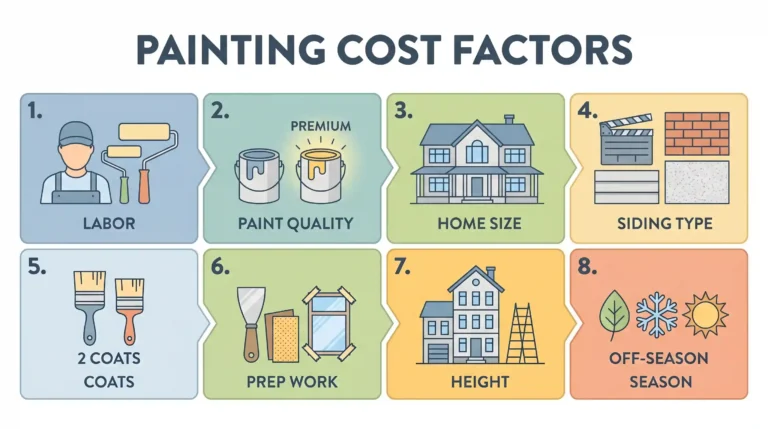 Infographic showing 8 key factors that determine exterior painting costs including labor, paint quality, home size, siding type, number of coats, prep work, building height, and season — exterior house painting cost guide 2026.