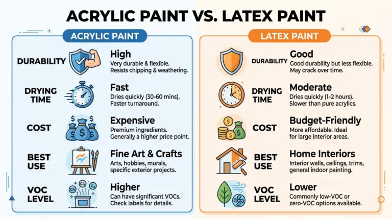 Acrylic paint vs latex paint comparison infographic showing durability, drying time, cost, best use, and VOC level differences side by side