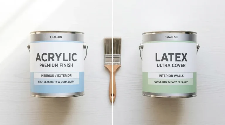 Acrylic vs latex paint two 1-gallon paint cans side by side with a paintbrush in the center showing key differences in finish and use