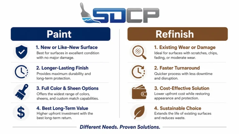Infographic comparing cabinet painting vs refinishing — paint offers full color options and long-term value, refinishing restores worn wood cabinets at a lower upfront cost