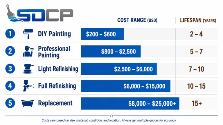 Cost comparison infographic for cabinet painting vs refinishing — DIY painting starts at $200, professional painting $800 to $2,500, light refinishing $2,500 to $6,000, full refinishing up to $15,000, and replacement up to $25,000