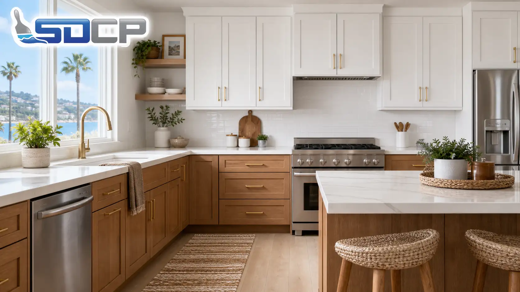 Cabinet painting vs refinishing shown in a modern San Diego kitchen with white painted upper cabinets and natural wood refinished lower cabinets with gold hardware