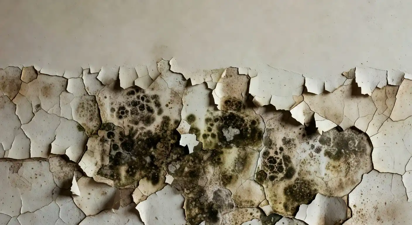 Can you paint over mold โ peeling paint revealing black mold growth on a damp interior wall