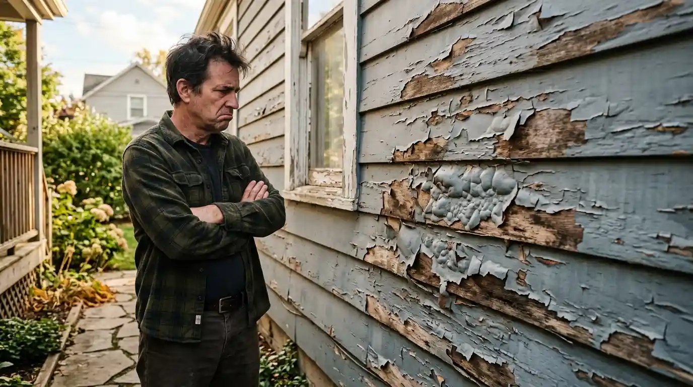 can you use interior paint outside Frustrated homeowner looking at heavily peeling and blistering paint on exterior wood siding โ showing what happens when you use interior paint outside
