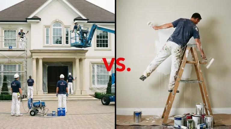 Split comparison image showing professional painting crew with scaffolding and equipment on left versus DIY homeowner painting on ladder on right illustrating cost and quality differences.