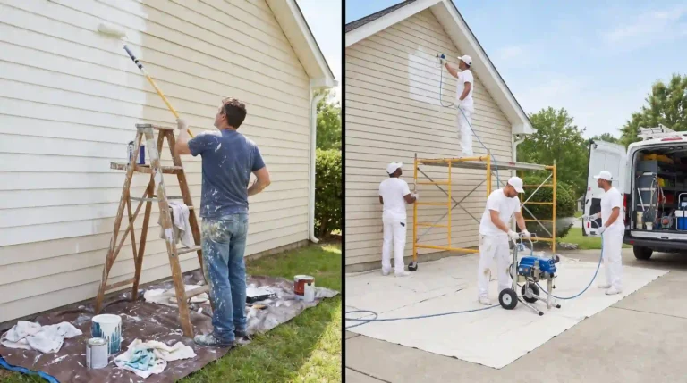Split image comparing DIY exterior house painting on the left showing a homeowner with a roller and wooden ladder versus professional exterior painters on the right using scaffolding, airless paint sprayer, and a full crew — highlighting the cost, speed, and quality difference.