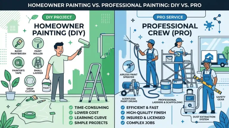 Split-screen infographic comparing DIY homeowner painting vs professional crew painting — DIY uses basic brushes, rollers, and drop cloths at lower cost, while pro service uses airless paint sprayers, scaffolding, and licensed painters for a high-quality exterior finish.