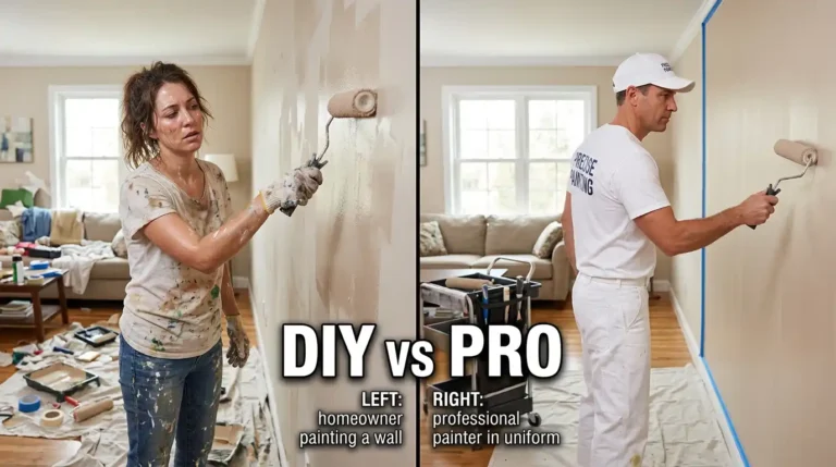 DIY vs professional interior painting cost comparison — homeowner painting a wall messily on the left versus a licensed painter in uniform working cleanly on the right