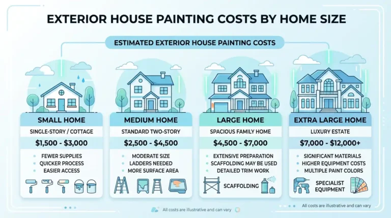 Infographic showing exterior house painting costs by home size — small home $1,500–$3,000, medium $2,500–$4,500, large $4,500–$7,000, and extra large $7,000–$12,000+, including labor, scaffolding, and prep work factors.