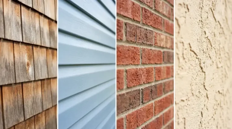 Close-up comparison of four house siding types showing wood shingles, vinyl siding, red brick, and beige stucco textures with different exterior painting costs.