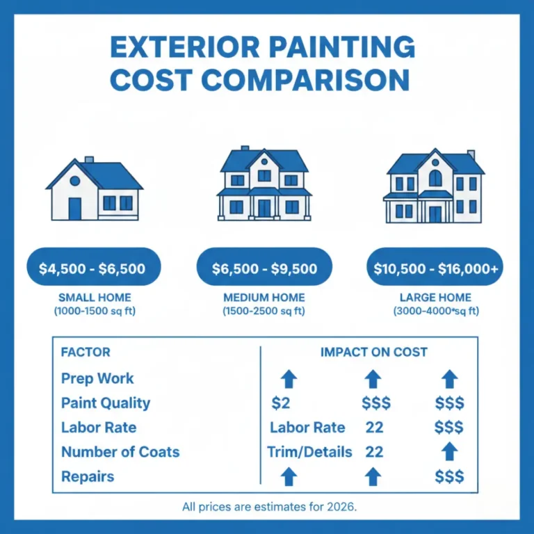 Exterior painting cost comparison infographic showing pricing for small homes ($4,500-$6,500), medium homes ($6,500-$9,500), and large homes ($10,500-$16,000+) with factors affecting cost.