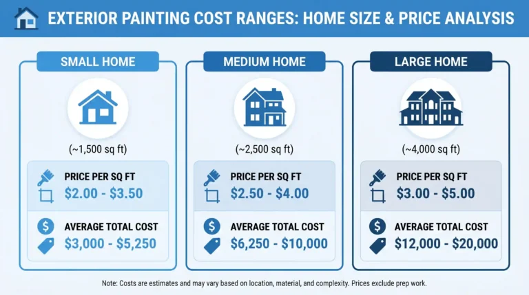 Infographic showing exterior painting cost ranges by home size in 2026 — small home 1,500 sq ft costs $3,000–$5,250, medium home 2,500 sq ft costs $6,250–$10,000, and large home 4,000 sq ft costs $12,000–$20,000, with price per square foot breakdown.