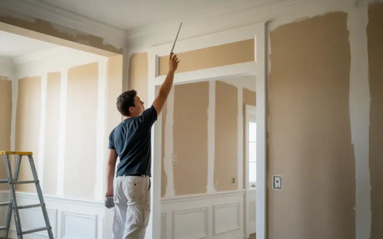 Painter using extension pole to reach high ceiling showing factors that affect interior house painting cost