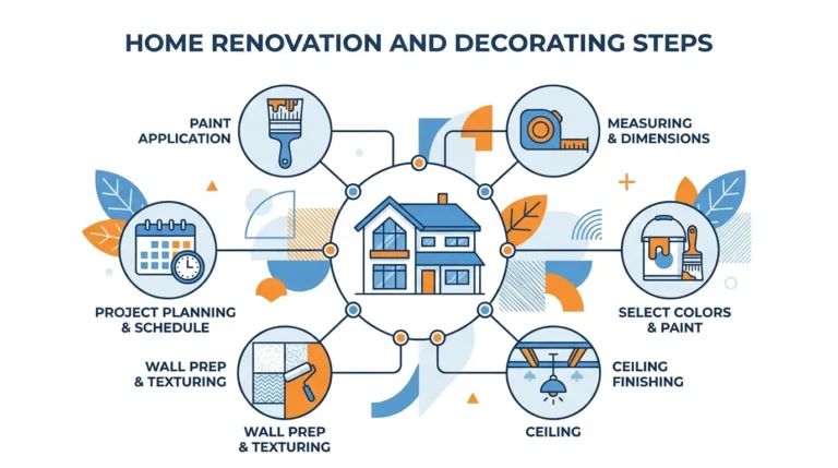 Factors affecting interior painting cost — infographic showing 6 key steps including wall prep, surface preparation, paint application, ceiling finishing, color selection, and project planning for a professional interior paint job