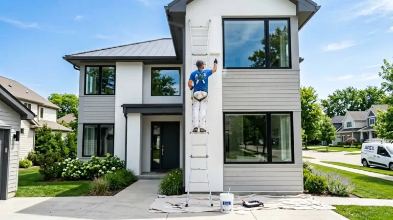 Professional painter on a ladder painting the exterior of a two-story house — how much does it cost to paint a house exterior depends on home size, siding type, and labor.