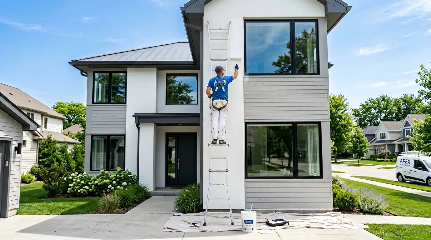 Professional painter on a ladder painting the exterior of a two-story house — how much does it cost to paint a house exterior depends on home size, siding type, and labor.