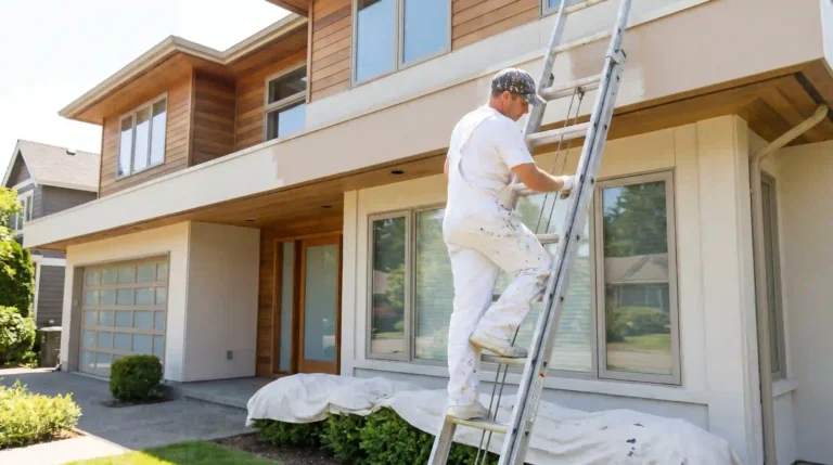 Professional painter in white uniform climbing an aluminum ladder while painting a two-story house exterior — showing how much does it cost to paint a house exterior with proper prep, drop cloth, and siding work in San Diego.