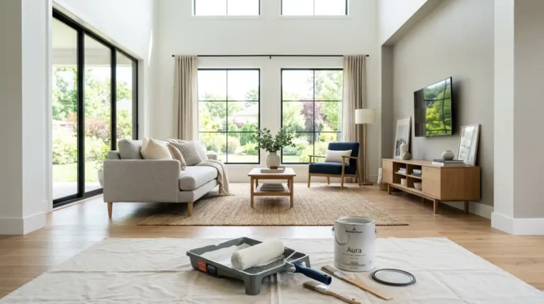 How much does it cost to paint interior of house — bright modern living room with paint roller, tray, and Benjamin Moore Aura paint can on drop cloth, ready for professional interior painting