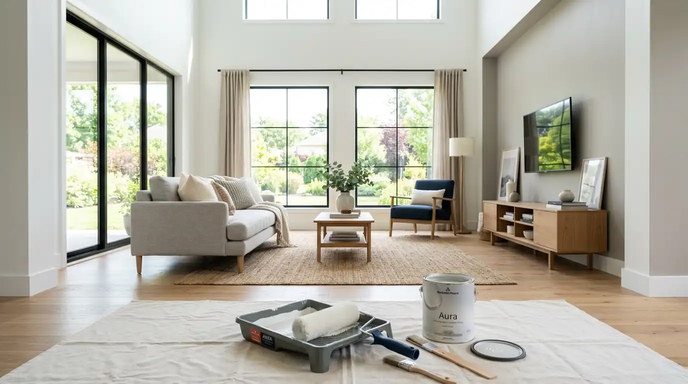 How much does it cost to paint interior of house — bright modern living room with paint roller, tray, and Benjamin Moore Aura paint can on drop cloth, ready for professional interior painting