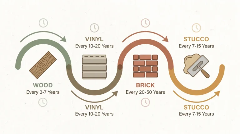 Infographic showing how often to repaint house exterior by siding type wood siding every 3–7 years, vinyl siding every 10–20 years, brick every 20–50 years, and stucco every 7–15 years exterior repainting frequency cycle chart for homeowners in 2026.