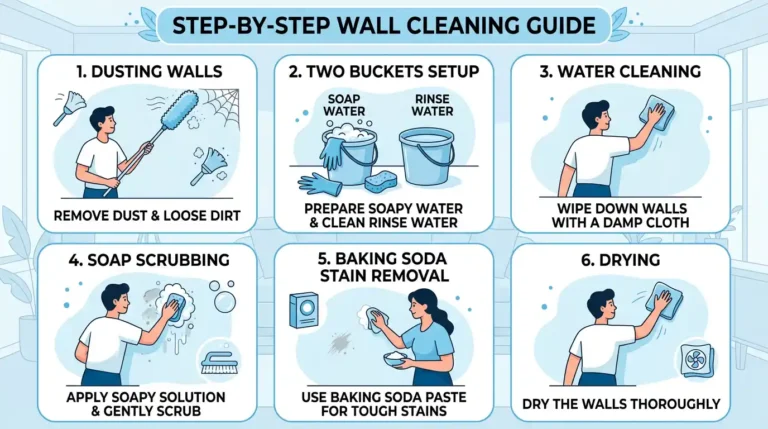 Step-by-step wall cleaning guide infographic showing six steps — dusting, two buckets setup, water cleaning, soap scrubbing, baking soda stain removal, and drying painted walls