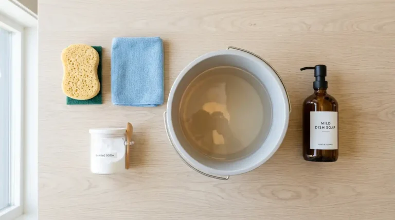 Flat-lay of wall cleaning supplies including sponge, microfiber cloth, baking soda, warm water bucket, and mild dish soap for how to clean painted walls safely