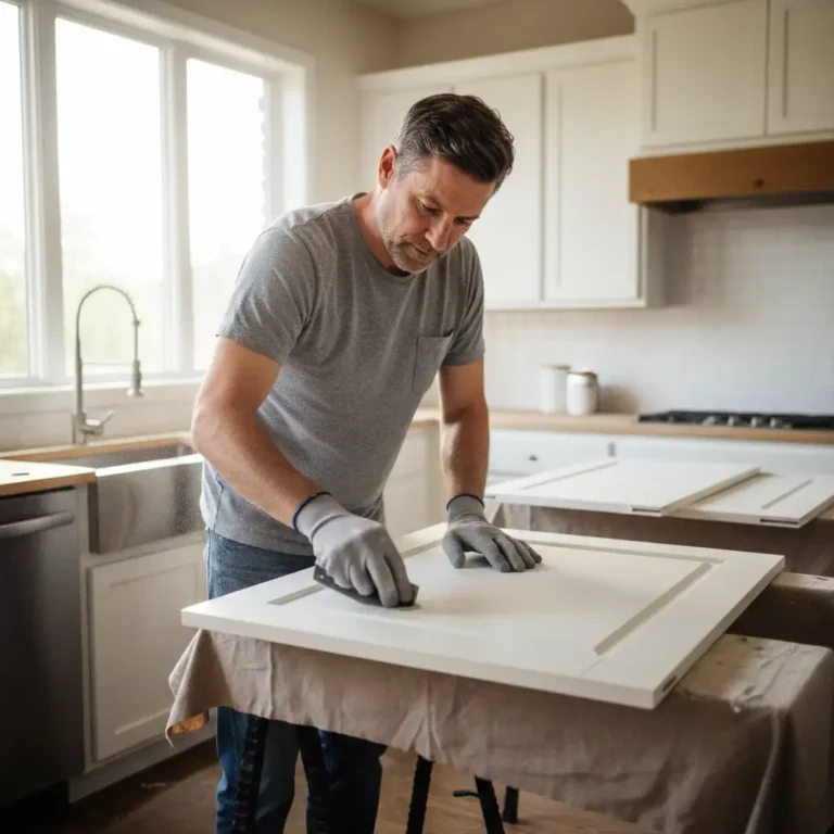How to paint over oil based paint by sanding a cabinet door in a kitchen