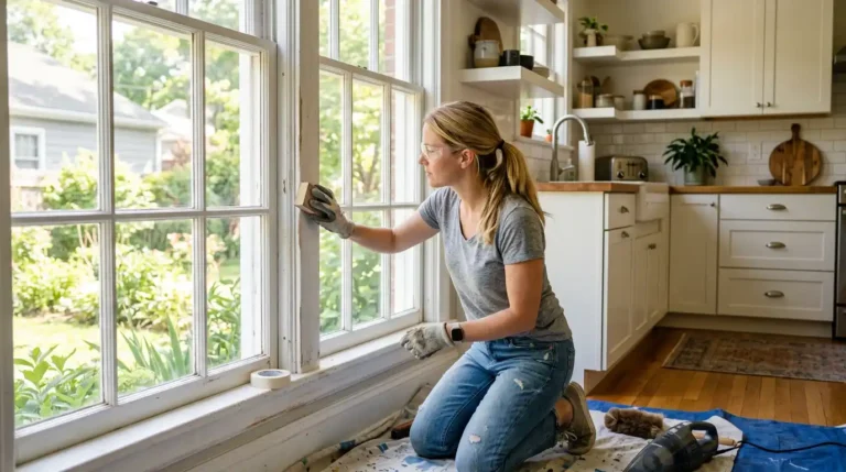 how to paint over oil based paint — DIY homeowner sanding window trim with fine-grit sandpaper before repainting
