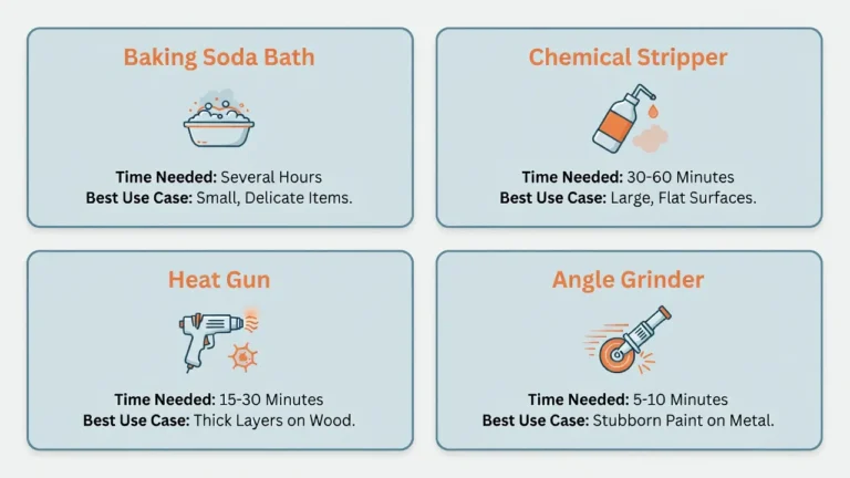 Infographic comparing 4 ways to remove paint from metal: baking soda, chemical stripper, heat gun, angle grinder