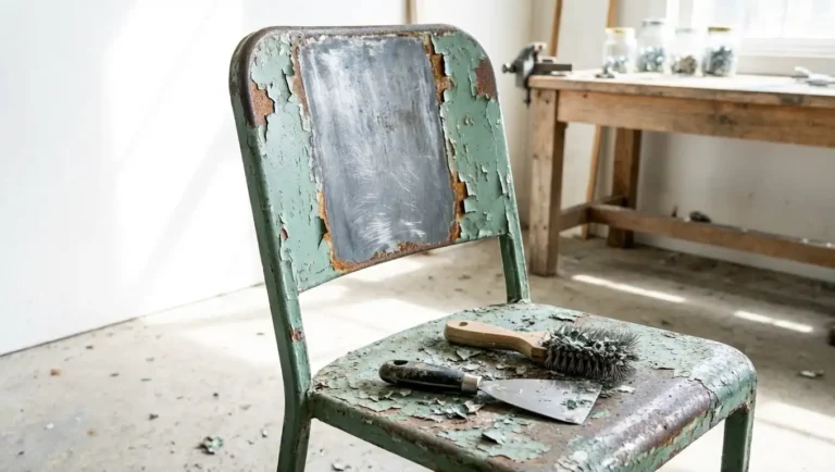 How to remove paint from metal chair using a wire brush and scraper, showing bare steel after paint removal