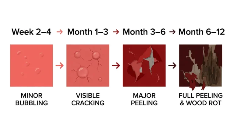 Infographic showing interior paint failure timeline outdoors — minor bubbling at week 2–4, visible cracking at month 1–3, major peeling at month 3–6, and full peeling with wood rot at month 6–12