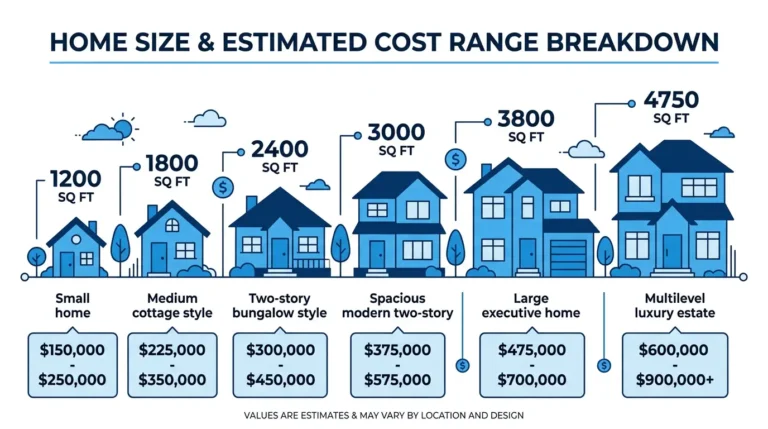 Interior painting cost based on house size — infographic showing estimated cost ranges from 1,200 sq ft small homes to 4,750 sq ft luxury estates for interior house painting projects in 2026