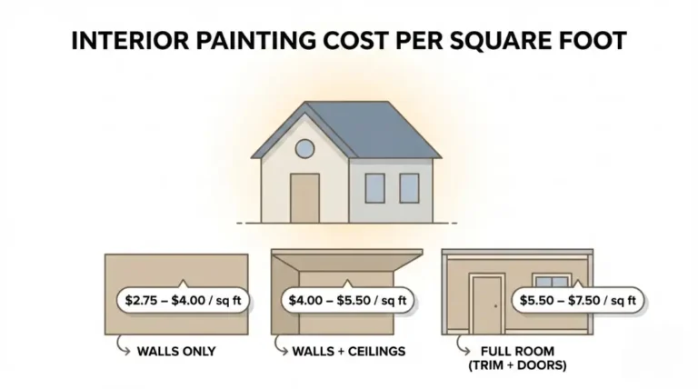 Interior painting cost per square foot chart showing walls only, walls and ceilings, and full room pricing ranges.
