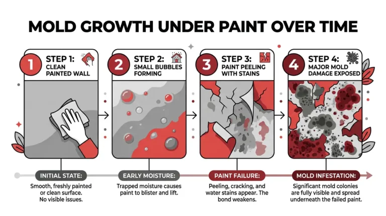 Infographic showing mold growth under paint over time in 4 stages — from clean wall to major mold damage