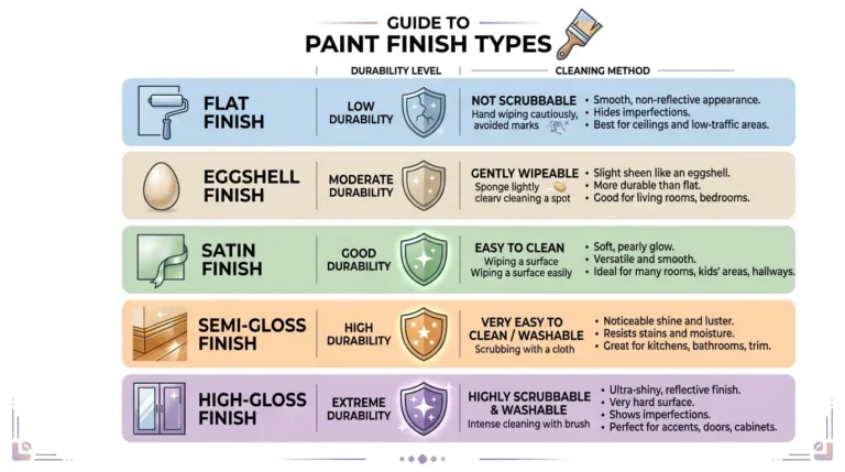 Infographic guide to paint finish types showing flat, eggshell, satin, semi-gloss, and high-gloss finishes with durability levels and cleaning methods for painted walls