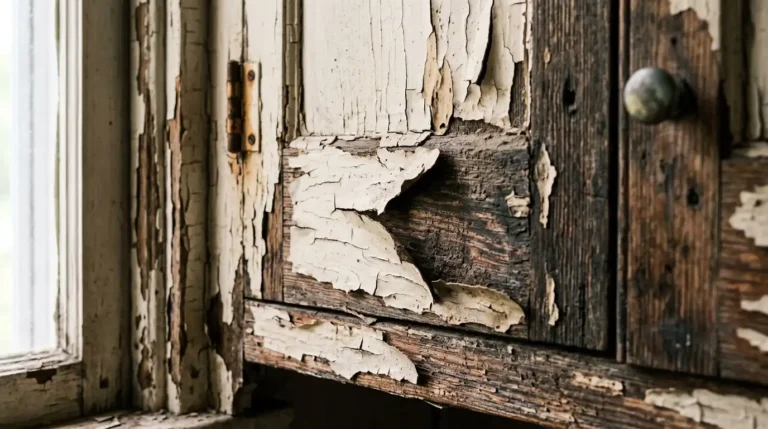 peeling and cracking paint on old wooden cabinet door caused by poor adhesion and skipping bonding primer before repainting