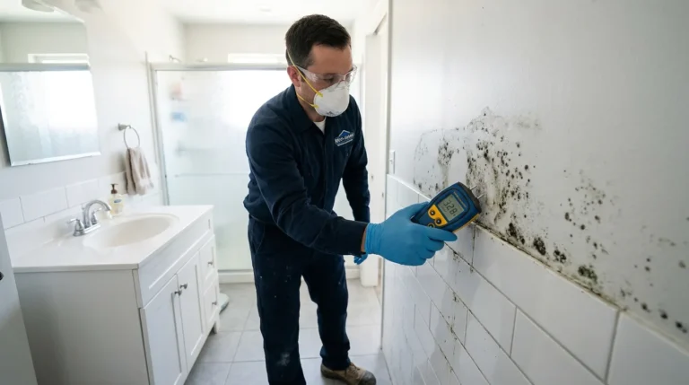 Professional painter using a moisture meter on a black mold-covered bathroom wall wearing N95 mask and gloves