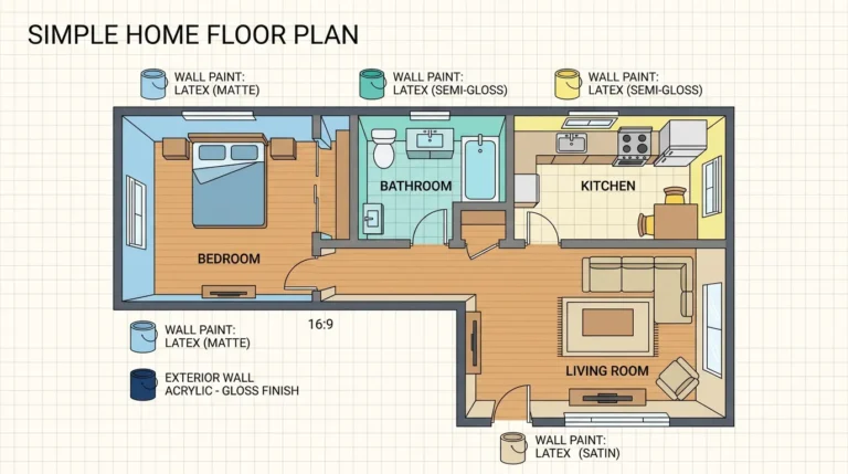 Home floor plan showing where to use acrylic vs latex paint by room — bedroom, bathroom, kitchen, living room, and exterior walls with recommended paint types and finishes