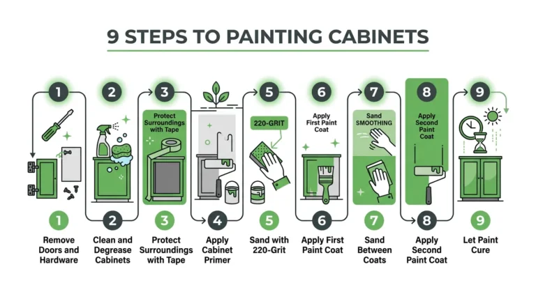 9 steps to painting kitchen cabinets infographic — remove doors, degrease, prime, sand, paint two coats, and let cure for a professional finish