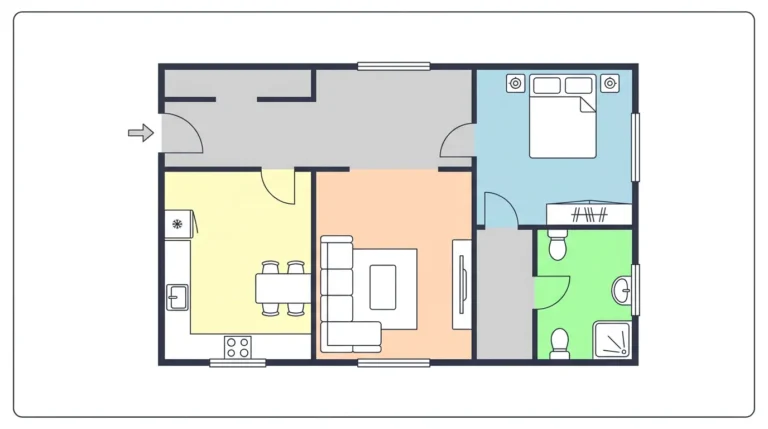Color-coded floor plan infographic showing the best paint finish for each room, including kitchen, bathroom, bedroom, and living room