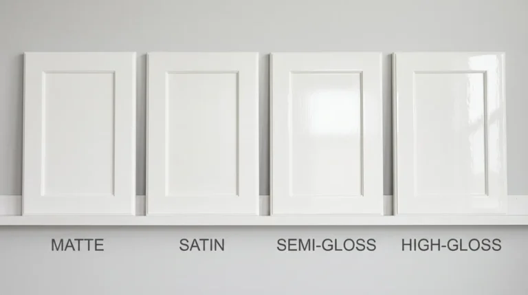 Cabinet paint finish comparison — matte, satin, semi-gloss, and high-gloss sheen on white kitchen cabinet doors side by side