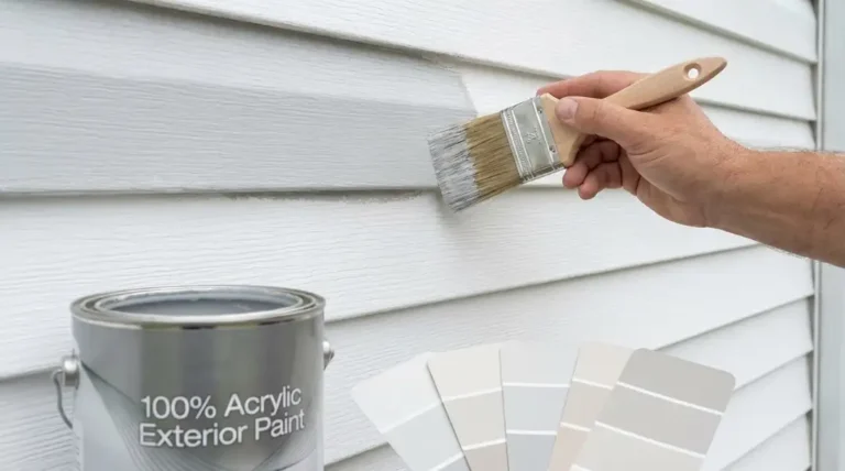 Hand painting white vinyl siding with brush using 100% acrylic exterior paint and color swatches