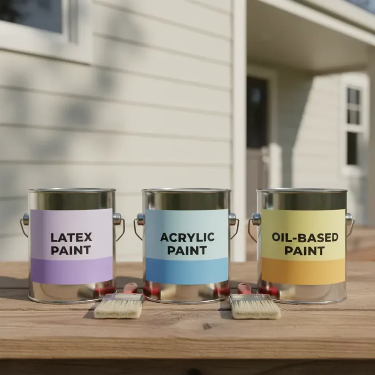 Three paint cans labeled latex paint, acrylic paint, and oil-based paint with brushes on outdoor deck for exterior house painting project.