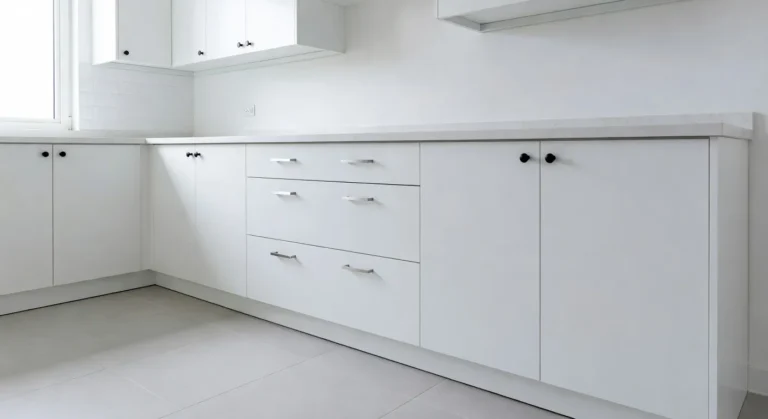 Clean white painted melamine cabinets with smooth satin finish, mixed black and chrome hardware, showing paint adhesion on non-porous MFC surface
