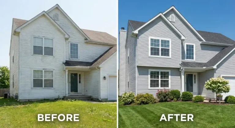 Can you paint vinyl siding before and after transformation showing faded white house painted fresh gray