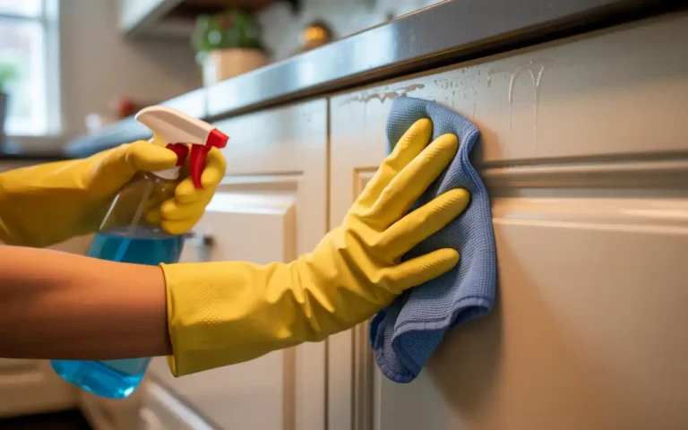 Person wearing yellow gloves cleaning kitchen cabinet with degreaser spray and microfiber cloth to remove grease before painting