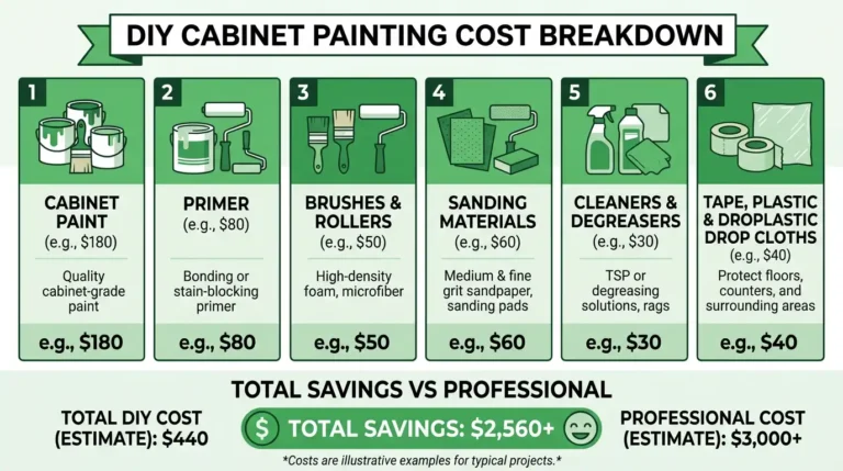 DIY cabinet painting cost breakdown infographic — cabinet paint, primer, brushes, sandpaper, degreaser, and drop cloths with total DIY cost vs professional cost comparison