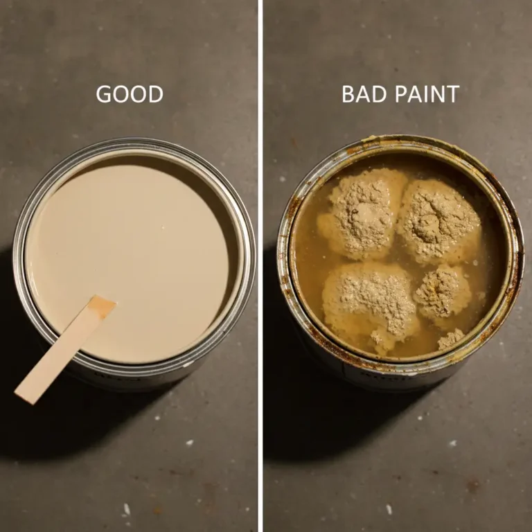 Good paint vs bad paint comparison showing smooth fresh paint and chunky expired paint with lumpy consistency and separation.