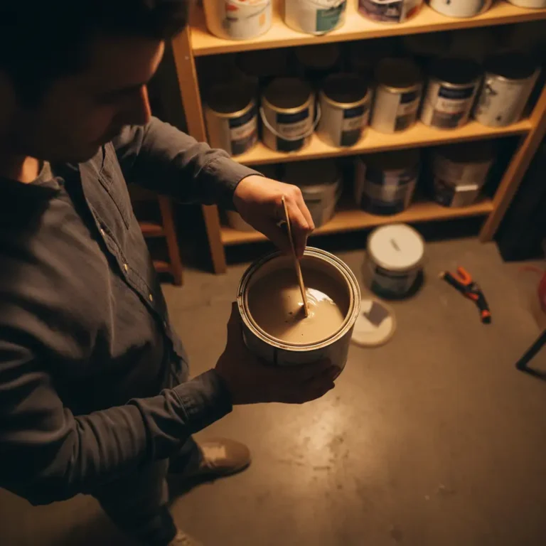 Homeowner checking how long does paint last by stirring open paint can in storage room with shelves of organized paint cans.